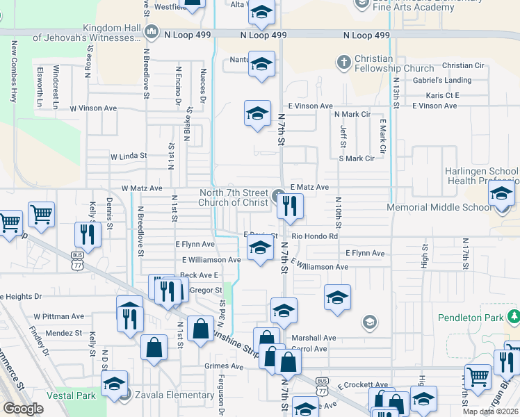 map of restaurants, bars, coffee shops, grocery stores, and more near 426 Jennifer Court in Harlingen