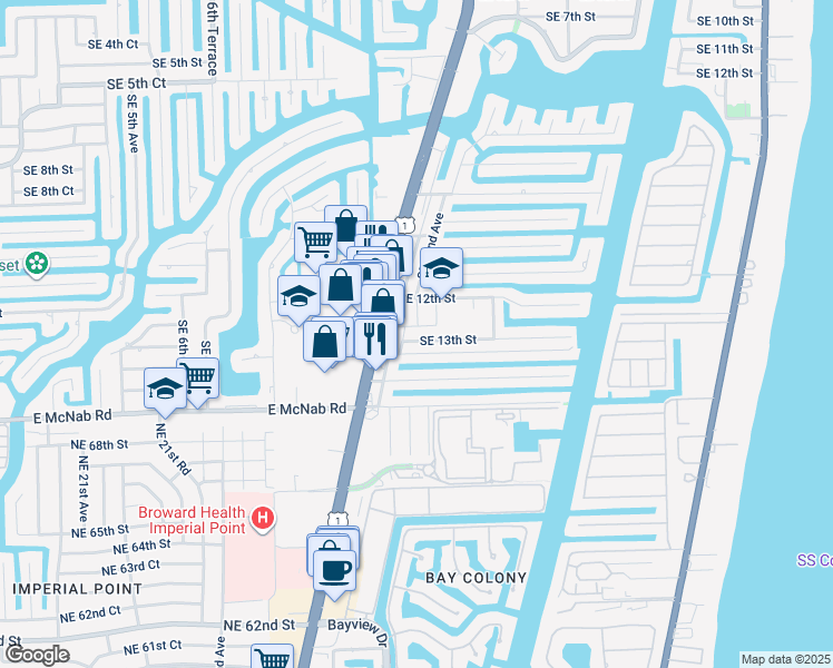 map of restaurants, bars, coffee shops, grocery stores, and more near 2247 Southeast 13th Street in Pompano Beach