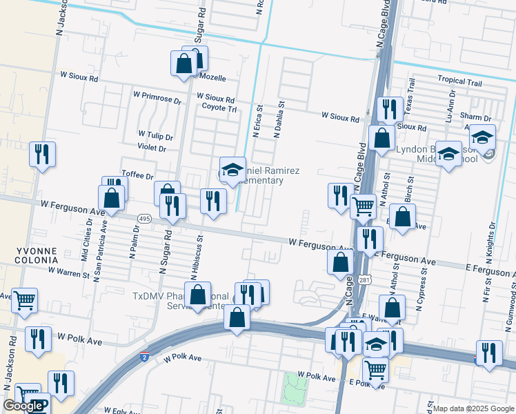 map of restaurants, bars, coffee shops, grocery stores, and more near 2117 Dahlia Street in Pharr