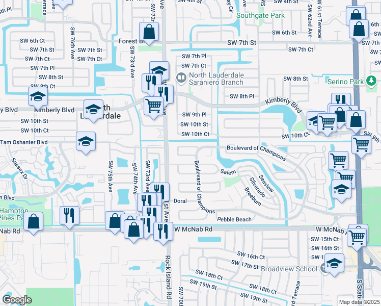 map of restaurants, bars, coffee shops, grocery stores, and more near 6805 Merion Place in North Lauderdale