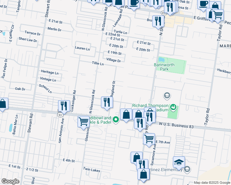 map of restaurants, bars, coffee shops, grocery stores, and more near 1216 Ragland Street in Mission