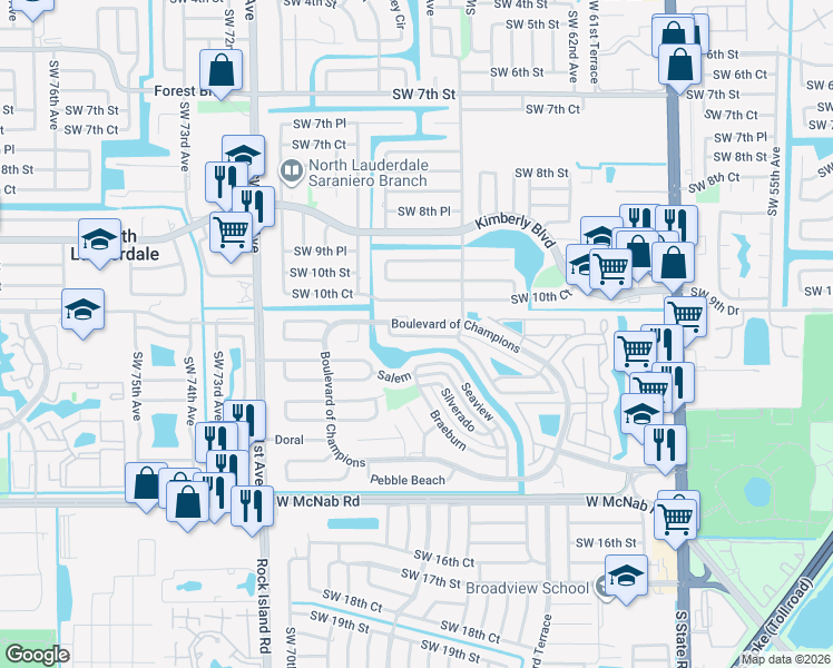 map of restaurants, bars, coffee shops, grocery stores, and more near 6526 Harbour Road in North Lauderdale