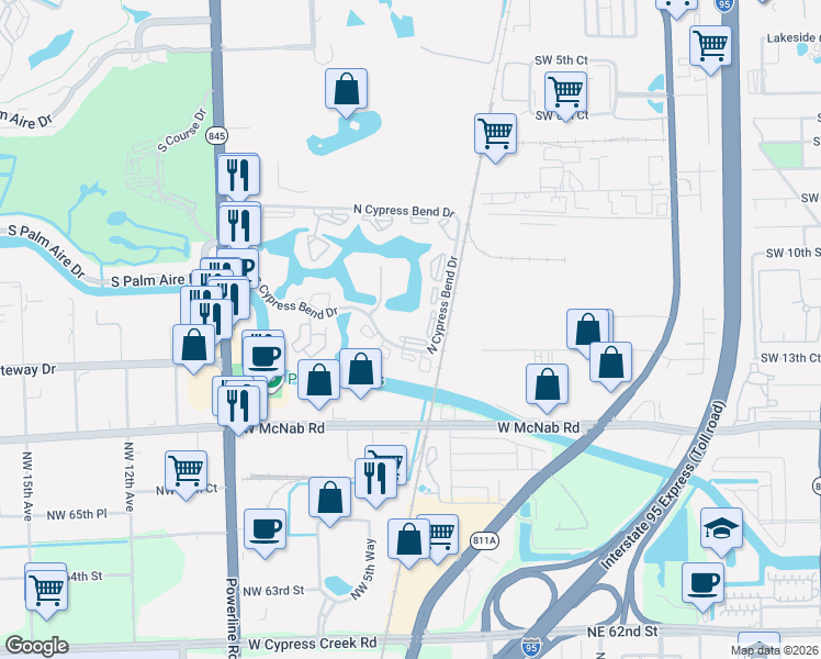 map of restaurants, bars, coffee shops, grocery stores, and more near 2205 South Cypress Bend Drive in Pompano Beach
