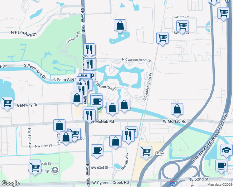 map of restaurants, bars, coffee shops, grocery stores, and more near 152 South Cypress Bend Drive in Pompano Beach