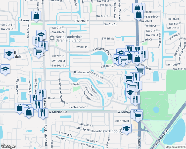 map of restaurants, bars, coffee shops, grocery stores, and more near 1041 West Jasmine Lane in North Lauderdale