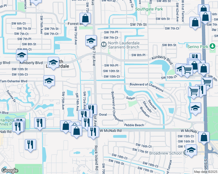 map of restaurants, bars, coffee shops, grocery stores, and more near 6805 Merion Place in North Lauderdale