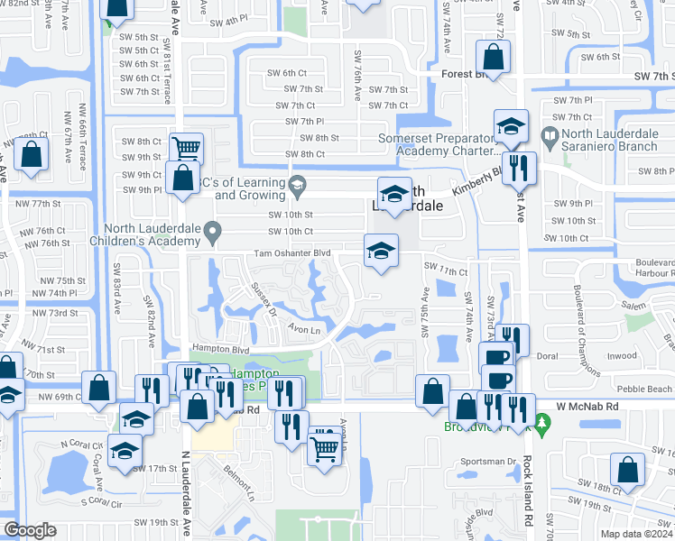 map of restaurants, bars, coffee shops, grocery stores, and more near 1181 Hampton Boulevard in North Lauderdale