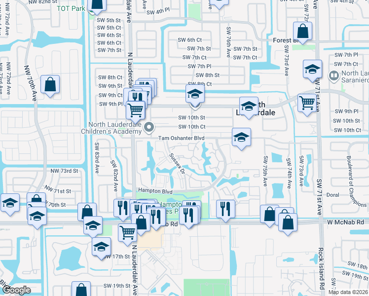 map of restaurants, bars, coffee shops, grocery stores, and more near 1345 Sussex Drive in North Lauderdale