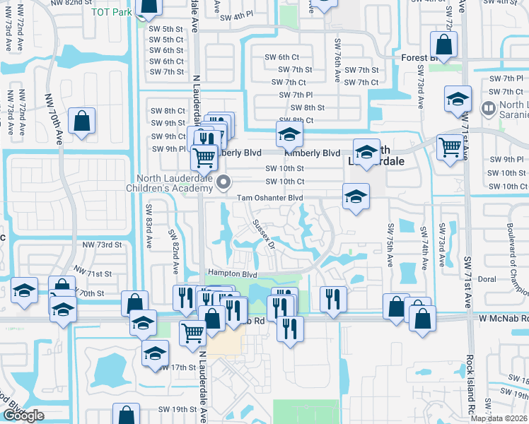 map of restaurants, bars, coffee shops, grocery stores, and more near 1345 Sussex Drive in North Lauderdale