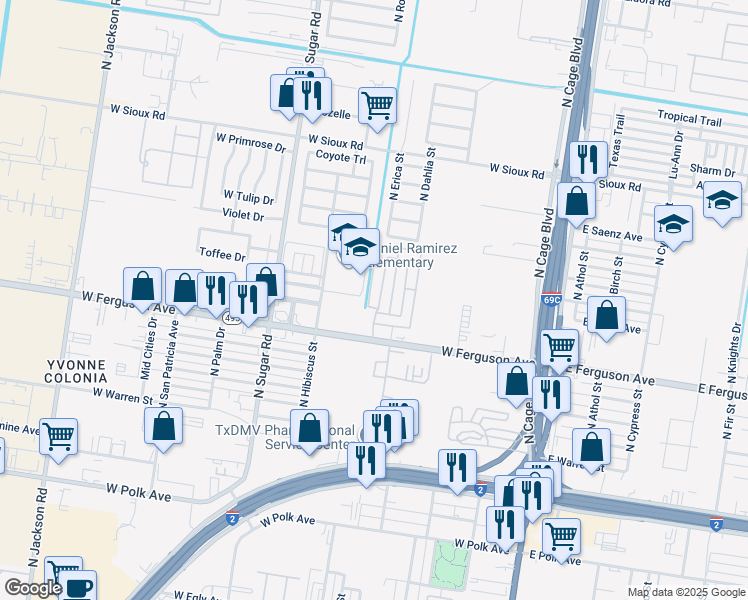 map of restaurants, bars, coffee shops, grocery stores, and more near 2109 North Erica Street in Pharr