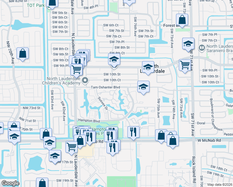 map of restaurants, bars, coffee shops, grocery stores, and more near 1249 Sussex Drive in North Lauderdale