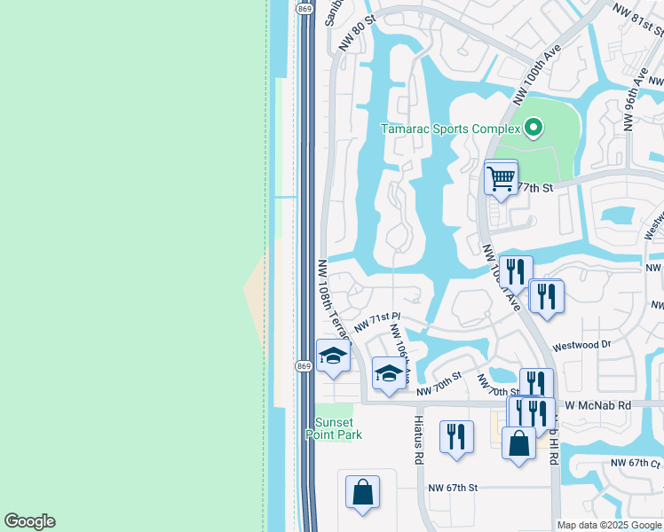 map of restaurants, bars, coffee shops, grocery stores, and more near 10816 West Clairmont Circle in Tamarac
