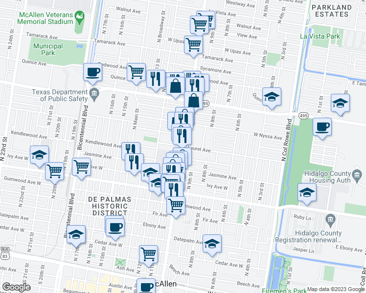 map of restaurants, bars, coffee shops, grocery stores, and more near 900 Kendlewood Avenue in McAllen