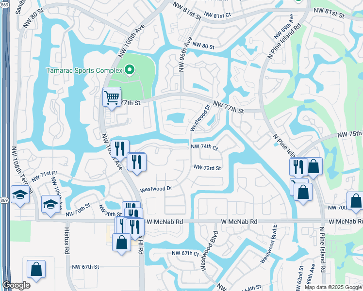 map of restaurants, bars, coffee shops, grocery stores, and more near 301 North Belfort Circle in Tamarac
