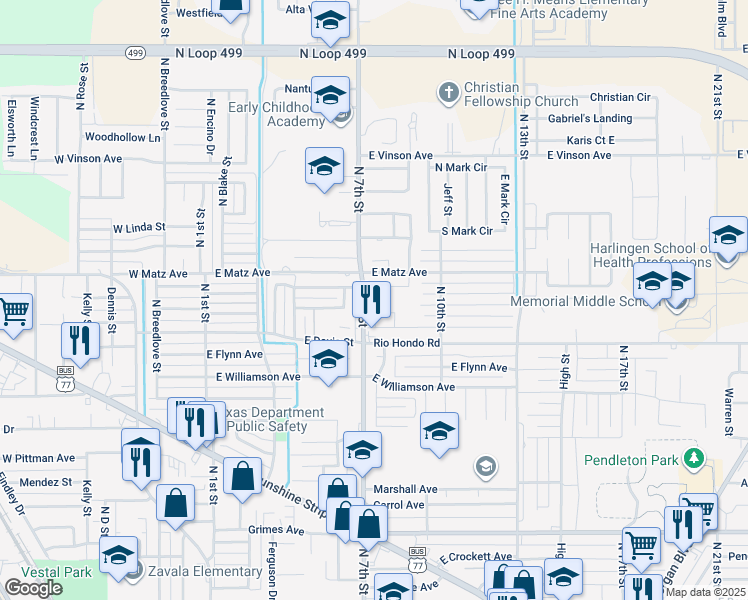 map of restaurants, bars, coffee shops, grocery stores, and more near 2206 North 7th Street in Harlingen