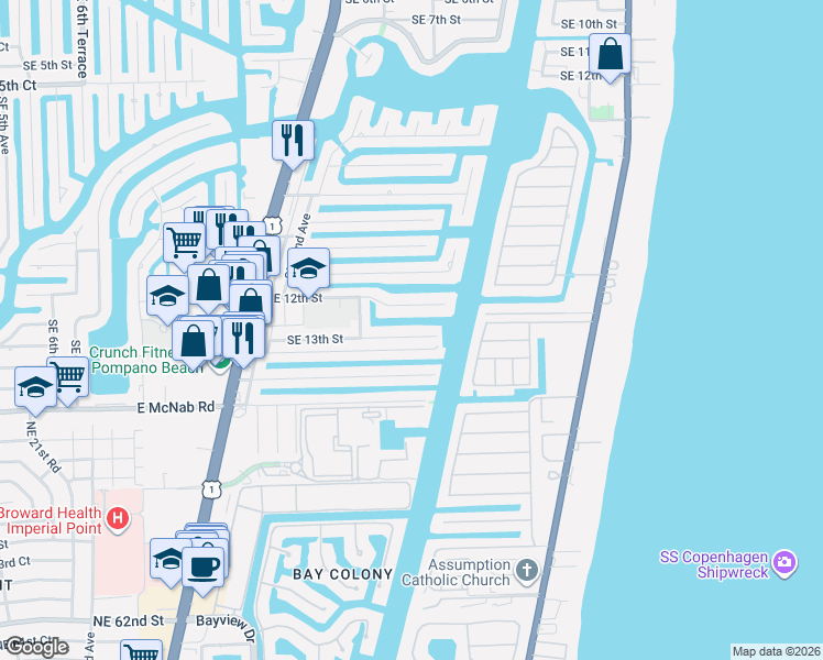 map of restaurants, bars, coffee shops, grocery stores, and more near 2500 Southeast 13th Street in Pompano Beach