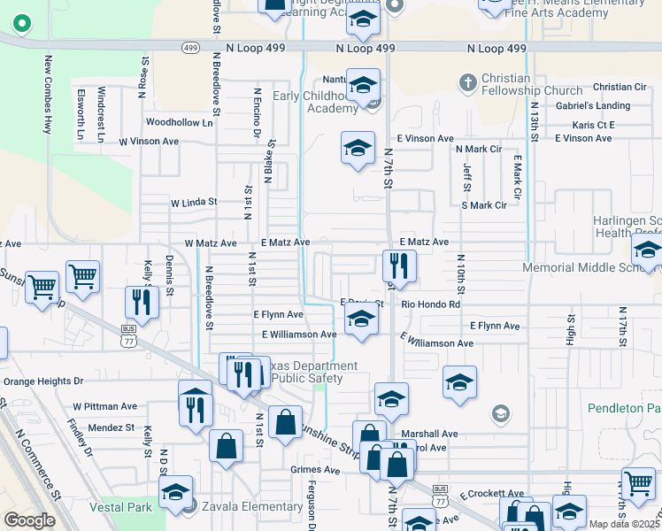 map of restaurants, bars, coffee shops, grocery stores, and more near 2263 Shadowbrook Circle in Harlingen