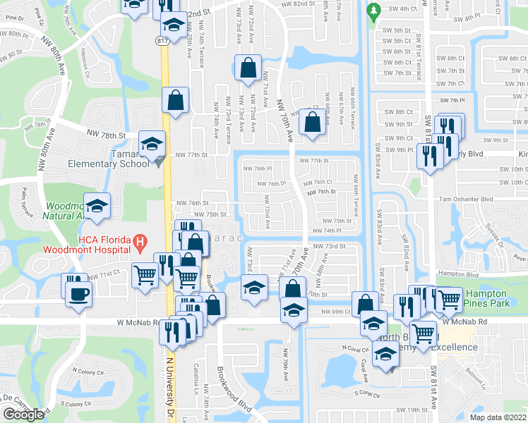 map of restaurants, bars, coffee shops, grocery stores, and more near 7502 Northwest 72nd Terrace in Tamarac