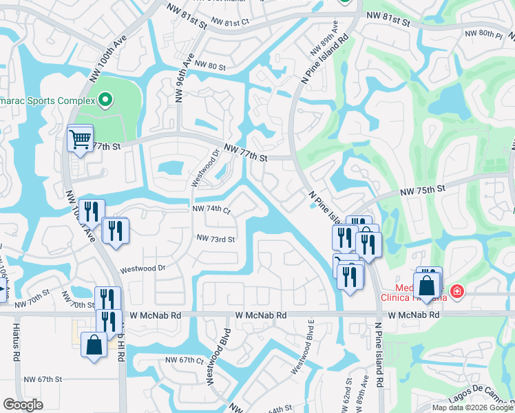 map of restaurants, bars, coffee shops, grocery stores, and more near 7310 Northwest 94th Avenue in Tamarac