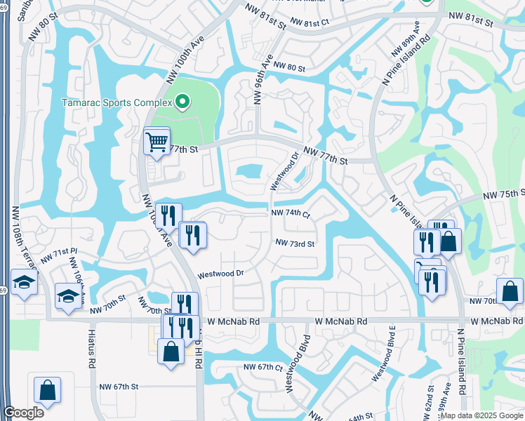 map of restaurants, bars, coffee shops, grocery stores, and more near 7402 Westwood Drive in Tamarac