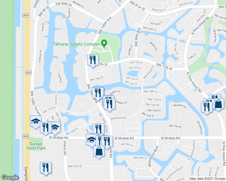map of restaurants, bars, coffee shops, grocery stores, and more near 9784 North Belfort Circle in Tamarac