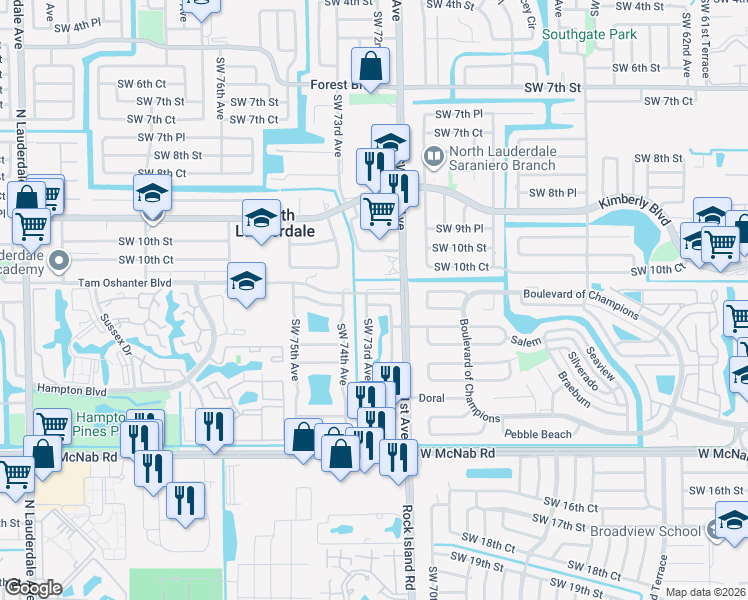 map of restaurants, bars, coffee shops, grocery stores, and more near 7215 Southwest 11th Court in North Lauderdale