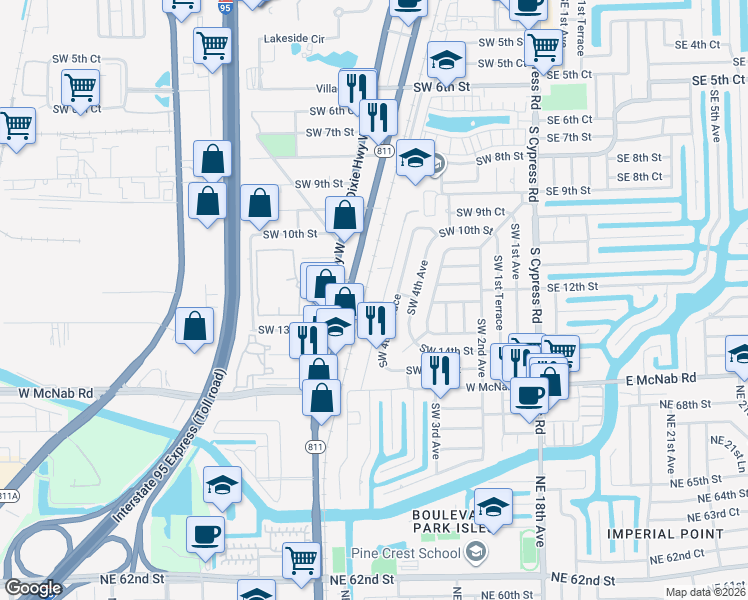 map of restaurants, bars, coffee shops, grocery stores, and more near 1246 South Flagler Avenue in Pompano Beach