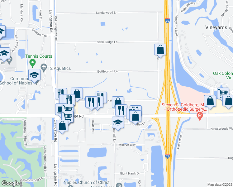 map of restaurants, bars, coffee shops, grocery stores, and more near 6647 Livingston Woods Lane in Naples