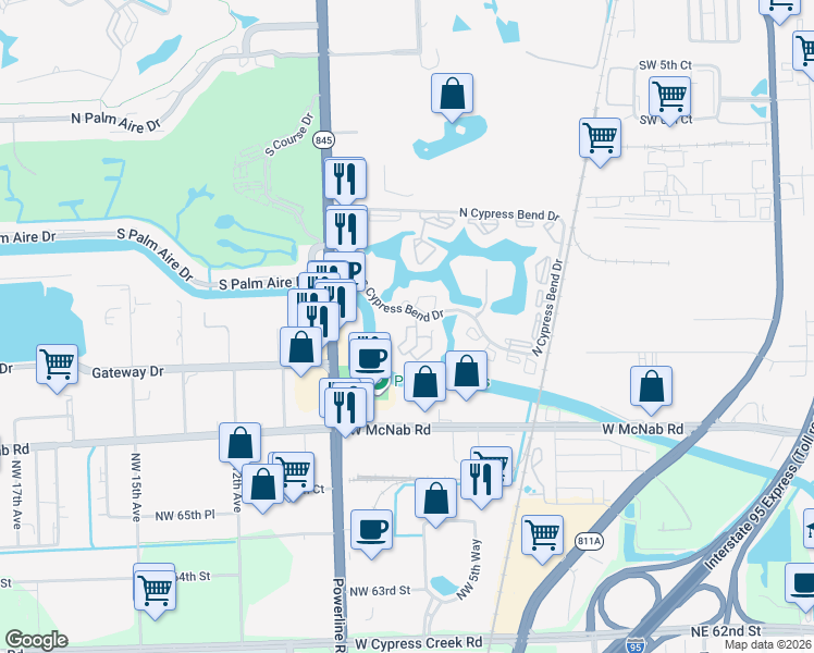 map of restaurants, bars, coffee shops, grocery stores, and more near 132 South Cypress Bend Drive in Pompano Beach