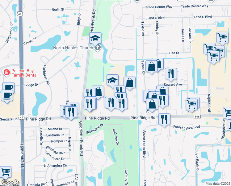 map of restaurants, bars, coffee shops, grocery stores, and more near 1515 Pine Ridge Road in Naples