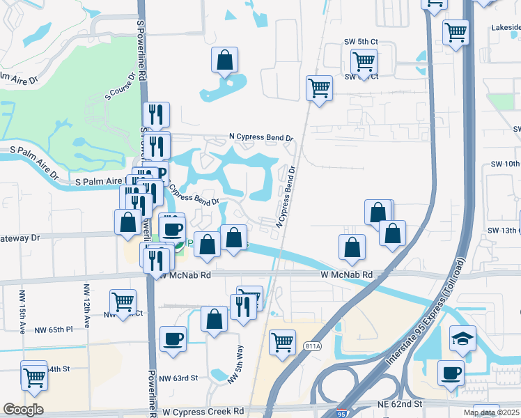 map of restaurants, bars, coffee shops, grocery stores, and more near 2205 South Cypress Bend Drive in Pompano Beach