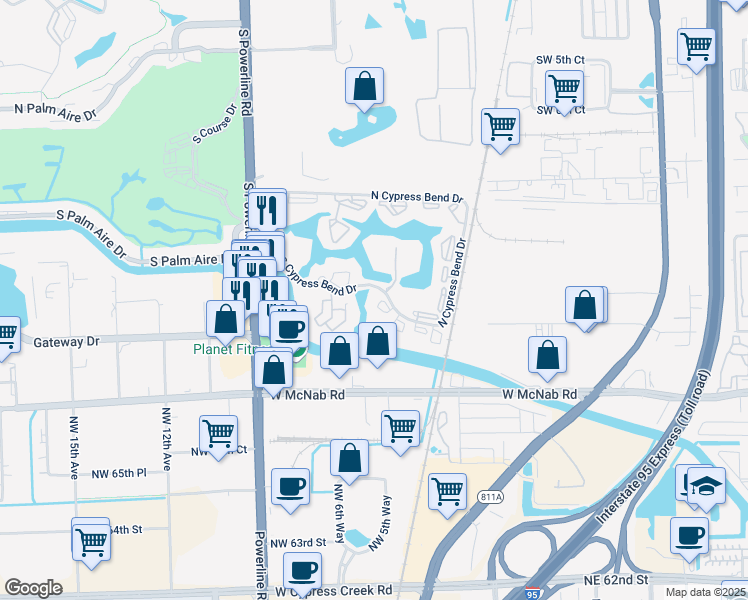 map of restaurants, bars, coffee shops, grocery stores, and more near 2240 North Cypress Bend Drive in Pompano Beach