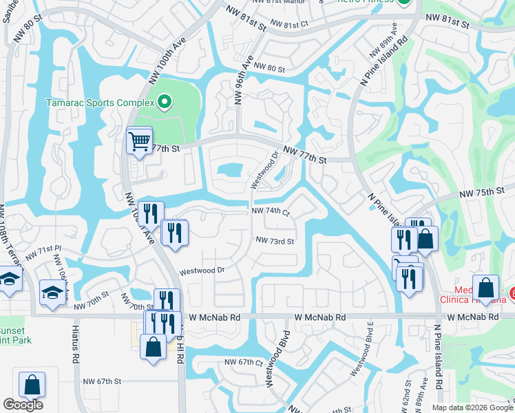 map of restaurants, bars, coffee shops, grocery stores, and more near 7402 Westwood Drive in Tamarac