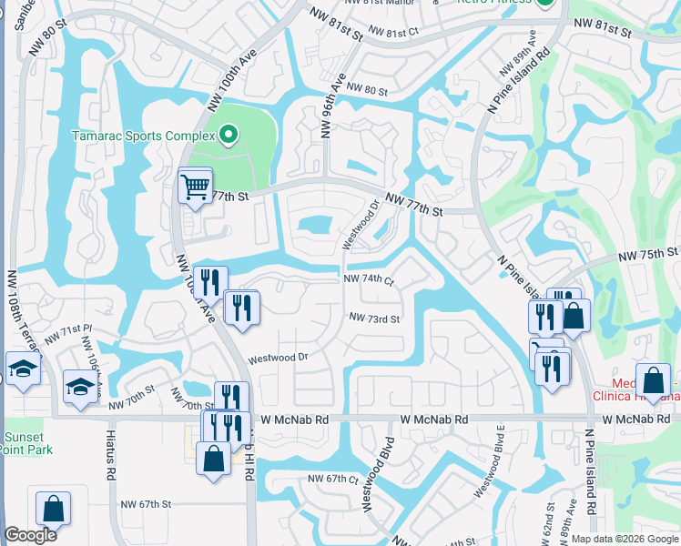 map of restaurants, bars, coffee shops, grocery stores, and more near 7402 Westwood Drive in Tamarac