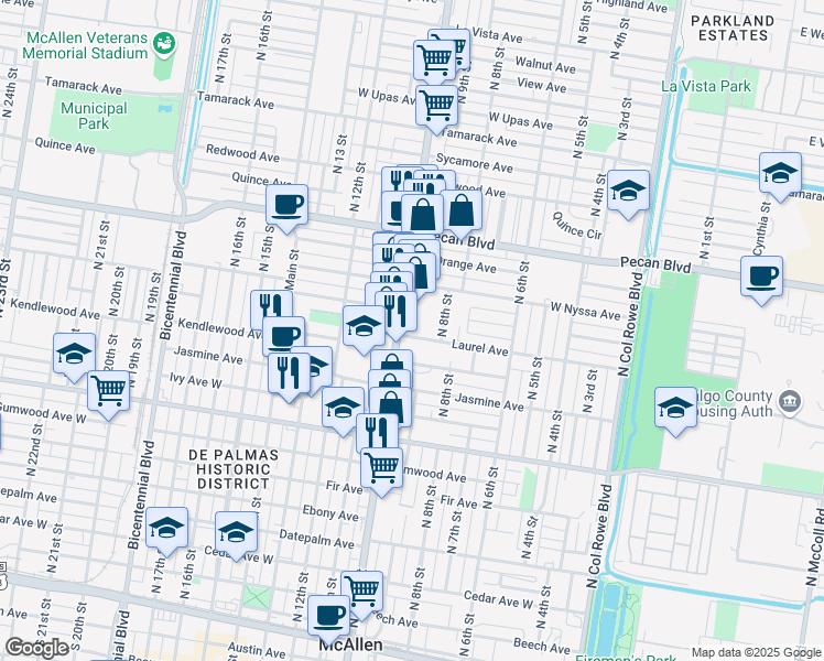map of restaurants, bars, coffee shops, grocery stores, and more near 900 Kendlewood Avenue in McAllen