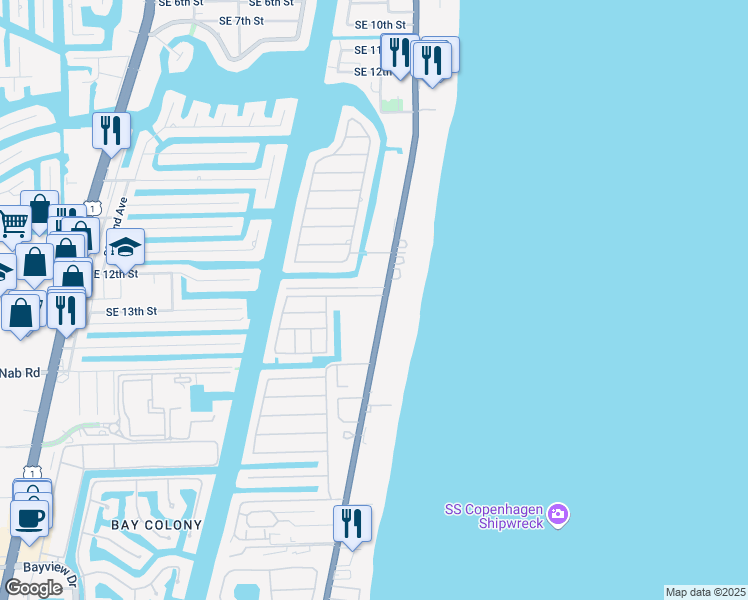 map of restaurants, bars, coffee shops, grocery stores, and more near 1438 South Ocean Boulevard in Pompano Beach