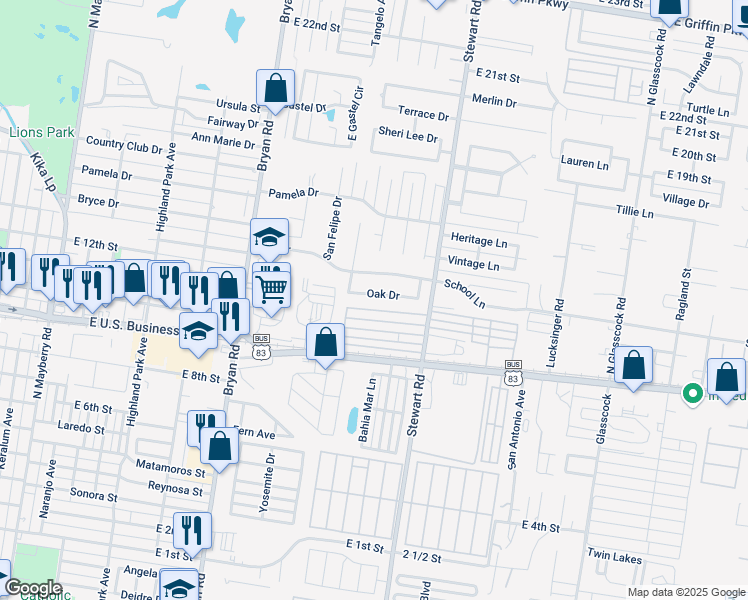 map of restaurants, bars, coffee shops, grocery stores, and more near 1502 Oak Drive in Mission
