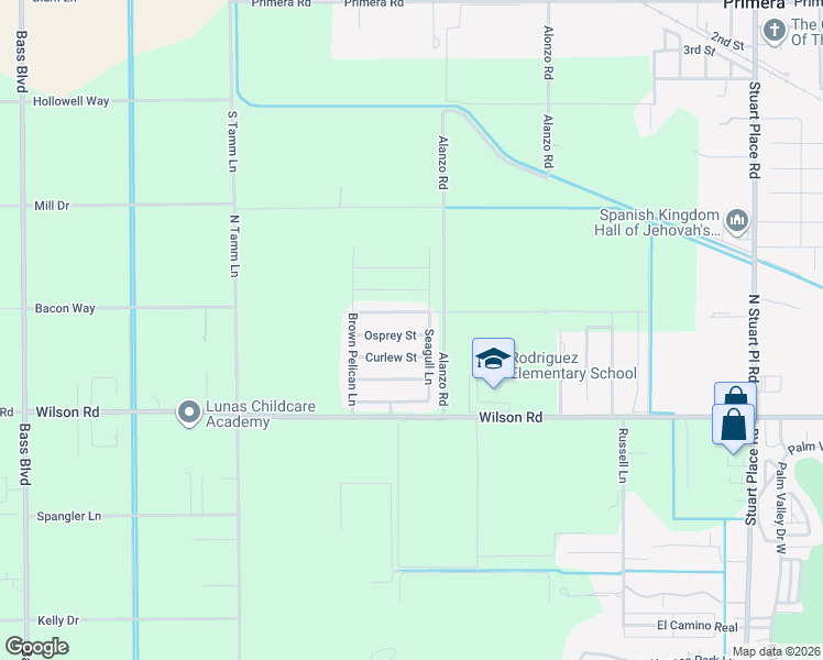 map of restaurants, bars, coffee shops, grocery stores, and more near 15605 Osprey Street in Harlingen