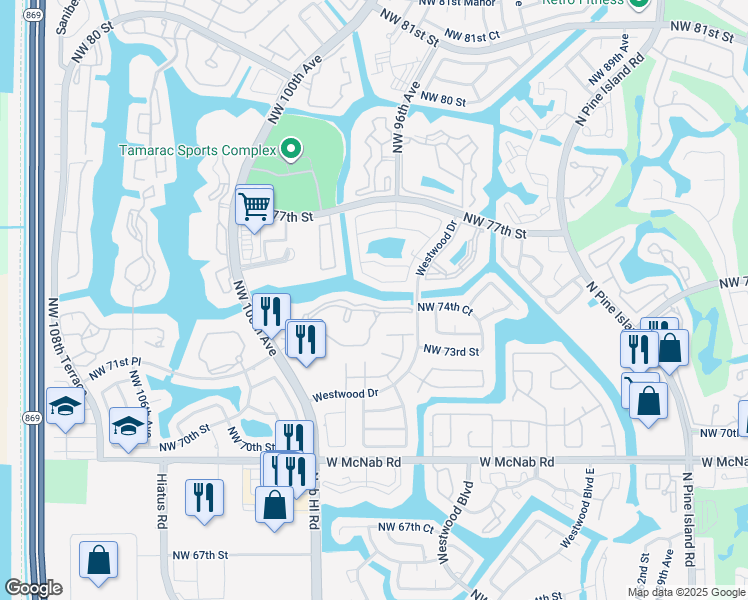 map of restaurants, bars, coffee shops, grocery stores, and more near 301 North Belfort Circle in Tamarac