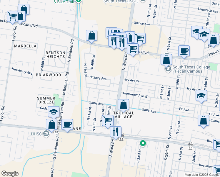 map of restaurants, bars, coffee shops, grocery stores, and more near 700 North 38th Street in McAllen