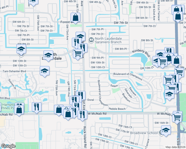 map of restaurants, bars, coffee shops, grocery stores, and more near 6810 Merion Court in North Lauderdale
