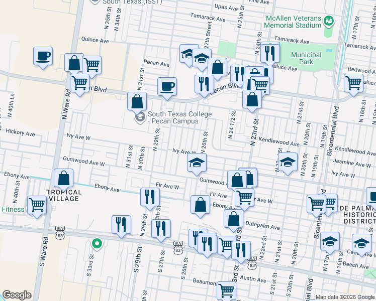 map of restaurants, bars, coffee shops, grocery stores, and more near 813 North 27 1/2 Street in McAllen