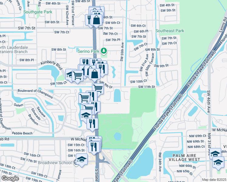 map of restaurants, bars, coffee shops, grocery stores, and more near 5571 Southwest 11th Street in Margate