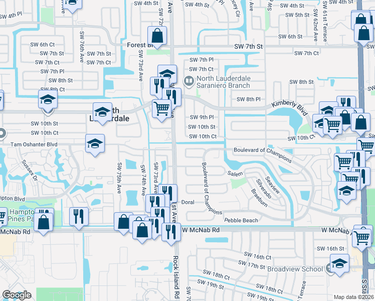 map of restaurants, bars, coffee shops, grocery stores, and more near 6805 Merion Place in North Lauderdale
