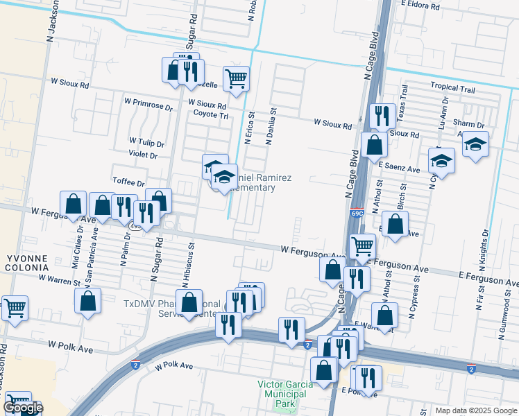 map of restaurants, bars, coffee shops, grocery stores, and more near 2116 Dahlia Street in Pharr
