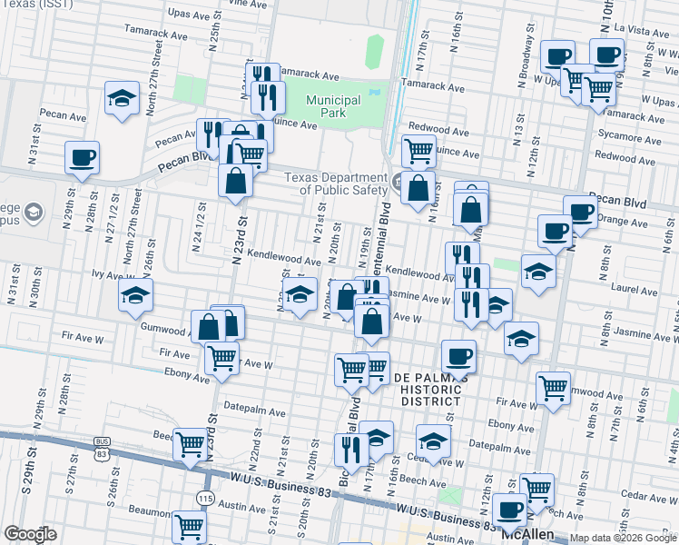 map of restaurants, bars, coffee shops, grocery stores, and more near 1001 North 20th Street in McAllen