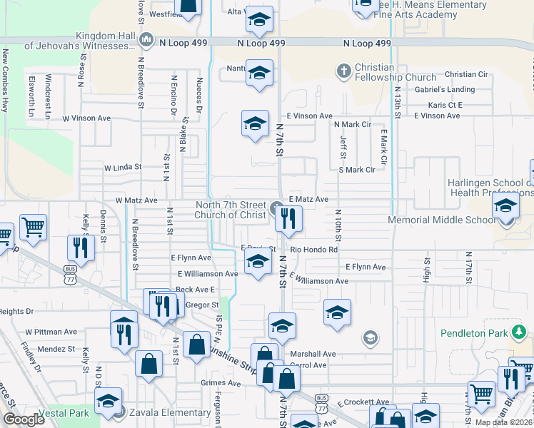 map of restaurants, bars, coffee shops, grocery stores, and more near 426 Jennifer Court in Harlingen