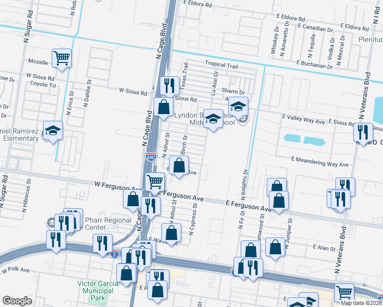map of restaurants, bars, coffee shops, grocery stores, and more near 207 East Diaz Avenue in Pharr
