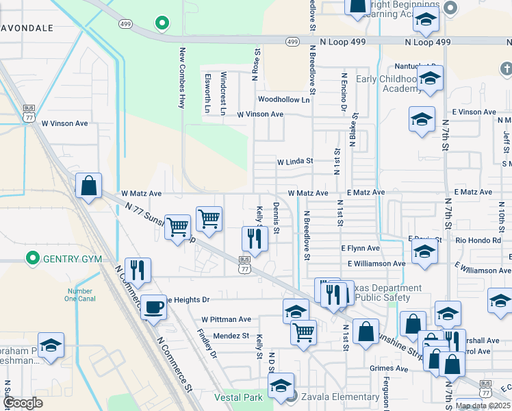 map of restaurants, bars, coffee shops, grocery stores, and more near 2103-2113 Kelly St in Harlingen