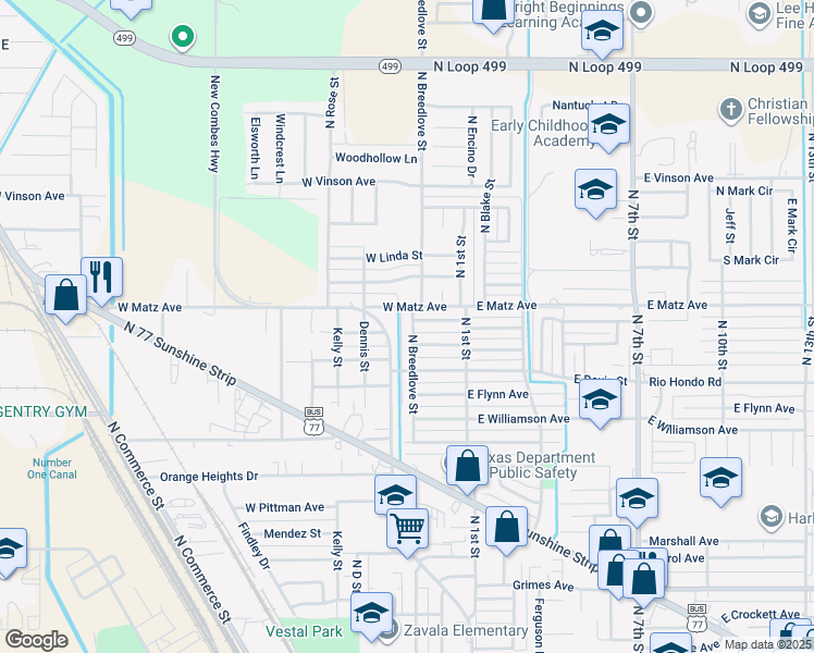 map of restaurants, bars, coffee shops, grocery stores, and more near 2210 North Breedlove Street in Harlingen